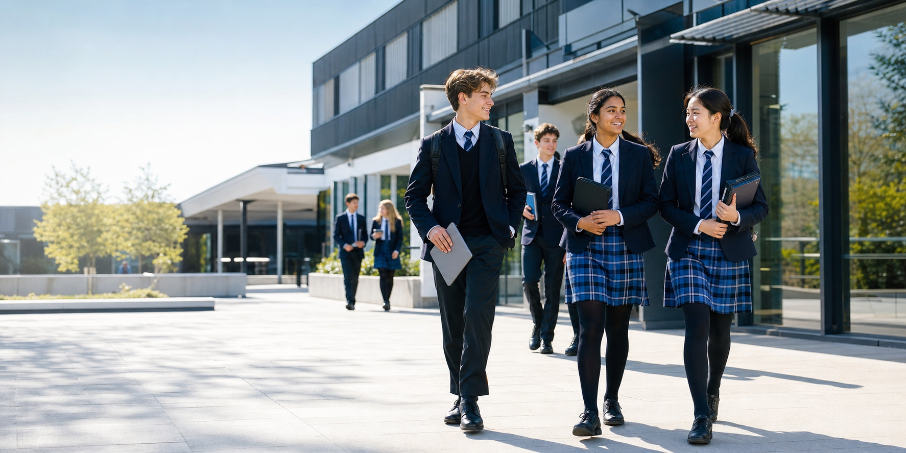 Twin One Academy students walking through a modern school campus